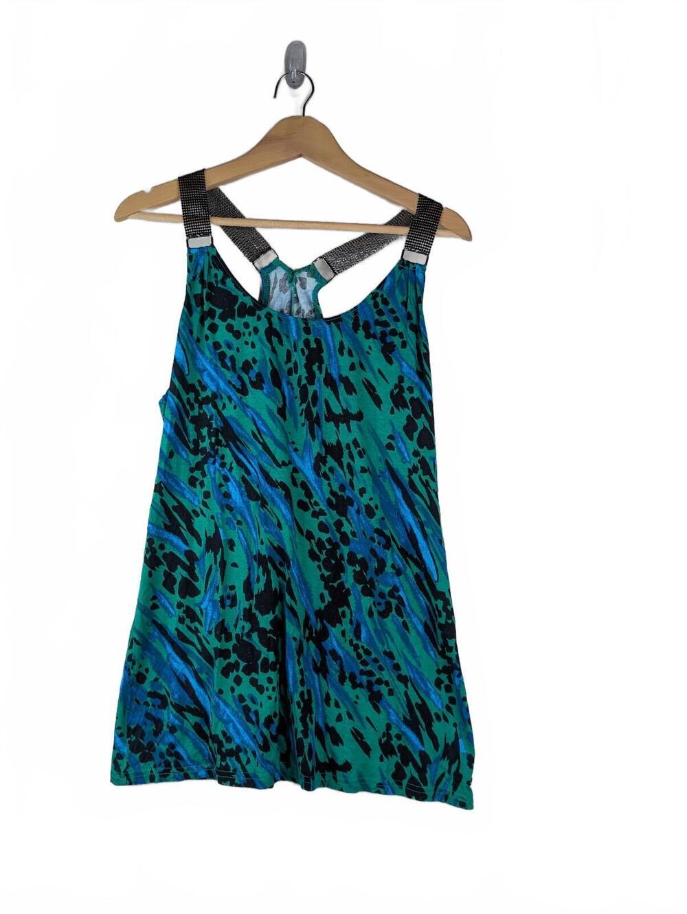 NWT‎ Candie's Urban Safari Green and Blue Animal Print Top w/Metallic Straps XS